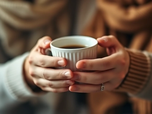 Close-up of two hands gently holding a coffee cup together, implying comfort and connection, with soft focus in the background and a warm color palette, conveying intimacy.