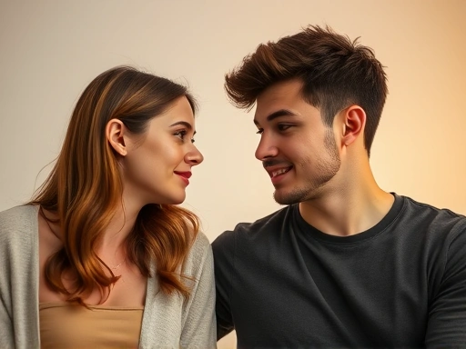 A young couple thoughtfully communicating and respecting each other's space, symbolizing a healthy relationship, with soft, warm lighting. Focus on genuine connection and understanding.