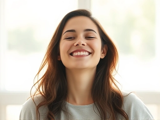 A person feeling liberated and peaceful, surrounded by calming light, symbolizing freedom from obsessive relationships, with a confident smile, in a bright, airy setting.