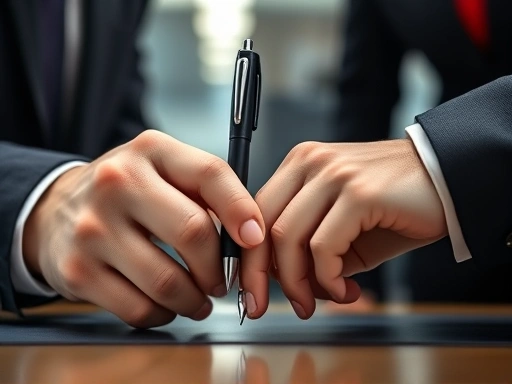 Close-up of two hands, one holding a professional pen and the other subtly touching it under a desk, conveying a hidden office romance. The background is blurred office environment, symbolizing the blurring of professional and personal boundaries, office romance psychological difficulties.