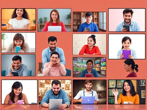 A diverse group of people engaging in different non-face-to-face dating activities on screens, showing online apps, video calls, and shared virtual games, with a warm, connected atmosphere.