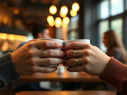 Close-up of two people's hands clinking coffee cups in a cozy, well-lit cafe, with blurred faces in the background, symbolizing a comfortable and safe first offline meeting after online dating. SEO: first meeting, coffee date, safety, comfortable environment, offline transition.