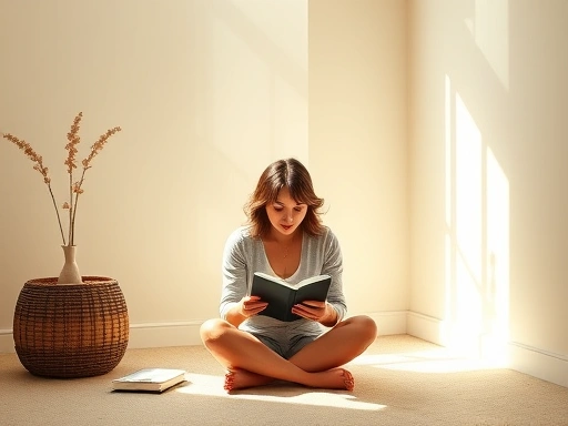 A woman sitting alone in a peaceful, sunlit room, journaling her thoughts and emotions, symbolizing self-reflection and inner growth, with elements of healing and overcoming relationship dependency.