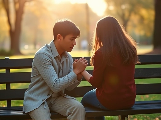 A cozy, soft-focus scene of a couple holding hands on a park bench, conveying warmth and connection, with gentle sunlight. Focus on emotional intimacy, subtle touch, and mutual support in a new relationship, embodying peace despite early anxiety.