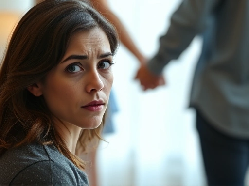 A person hesitantly looking at a couple holding hands, symbolizing fear of starting a relationship, with soft, slightly blurred background, emotional depth, and warm lighting. Focus on the person's expression of anxiety and hesitation about romance.