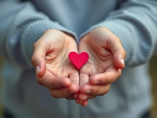 Close-up of a person's hands gently holding a small, symbolic heart or a single blooming flower, representing courage and self-love in starting a new relationship. Focus on gentle touch, warm colors, and a sense of hope.