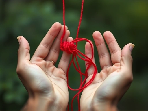 Close-up of hands gently releasing tangled red strings, symbolizing letting go of control and obsession, with a soft focus on new green growth and a peaceful blurred background.