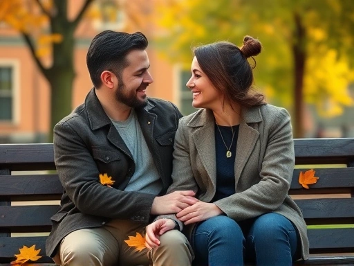 A couple, looking at each other with rekindled affection, sitting on a park bench as autumn leaves fall. The scene emphasizes warmth, connection, and a fresh start in a relationship after overcoming challenges. Soft natural light, focus on emotional connection.