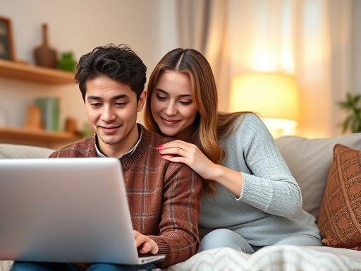 A couple, one focused on a laptop with a hopeful expression, while the other gently puts a hand on their shoulder, offering emotional support in a cozy, warm-lit home environment, symbolizing dream support in relationship.