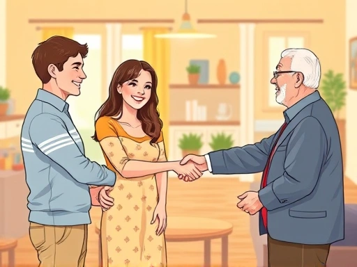 A bright, warm illustration of a young couple smiling and shaking hands with an older couple (parents) in a cozy, modern living room, symbolizing a comfortable and successful first introduction of a partner to parents. The scene conveys warmth and welcoming.