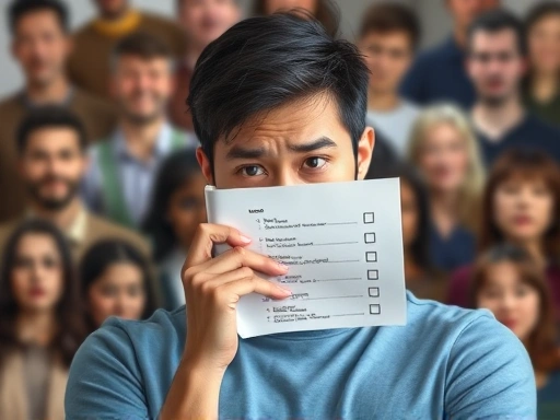 A person looking at a checklist, feeling frustrated and lonely, surrounded by blurred images of various people, indicating difficulty in finding a match due to high standards.