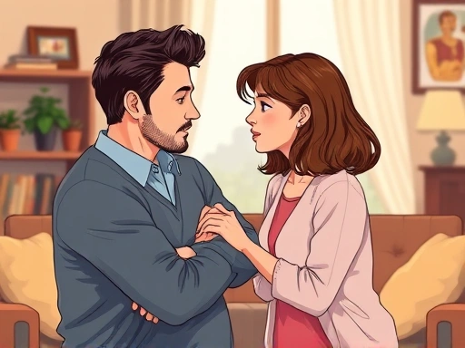 A detailed, realistic illustration of a couple having a serious but calm conversation, showing empathy and understanding. The setting is a cozy living room, with warm lighting, emphasizing emotional connection. Focus on facial expressions and body language. Include elements of growth and resolution, suitable for a blog about relationship challenges for perfectionists and their solutions.