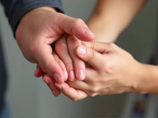 Close-up, symbolic image of two hands gently holding together, one hand slightly rigid, the other offering comfort and flexibility. Subtle light illuminates the hands, representing understanding and connection. The background is softly blurred, focusing on the intimate gesture. Perfect for a blog about overcoming perfectionist tendencies in relationships with practical advice and solutions.
