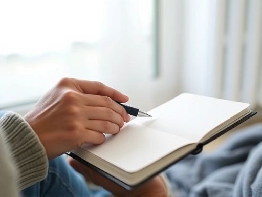 A close-up of a person holding a journal and a pen, with a blurred background of a calm, reflective space, symbolizing self-reflection and emotional processing for better relationship emotion management.