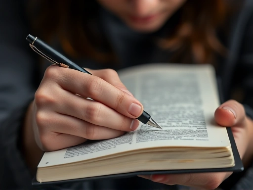 Close-up of hands holding a journal and pen, with blurred background of a person deeply contemplating or writing, showing introspection and self-reflection.