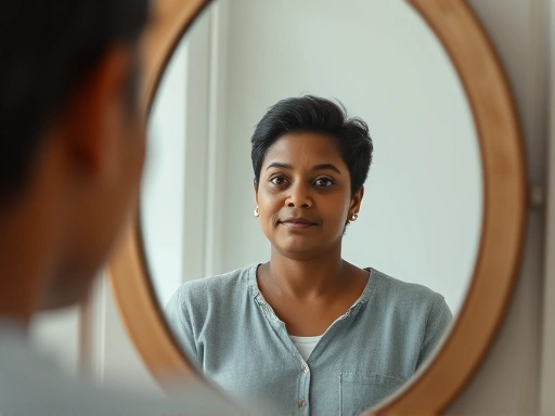 A close-up shot of a person looking at their reflection in a mirror, seeing a confident and independent version of themselves, representing self-discovery and overcoming dependency. Keywords: self-reflection, independence, personal growth, mirror, empowerment.