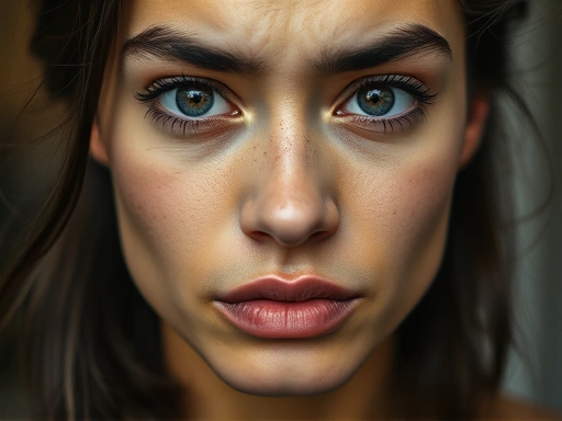 A close-up of a person's determined yet slightly anxious face, reflecting on personal growth and confidence building before starting a relationship, with a warm, self-reflective tone.