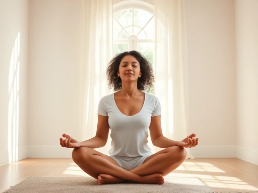 A peaceful woman meditating alone in a serene, sunlit room, symbolizing post-breakup healing and introspection, with soft, calming colors and a focus on self-recovery.