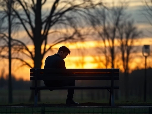 A person sits alone on a park bench at sunset, looking thoughtful and melancholic, symbolizing post-breakup introspection and healing. Focus on emotional depth and a serene yet slightly sad atmosphere with soft lighting.
