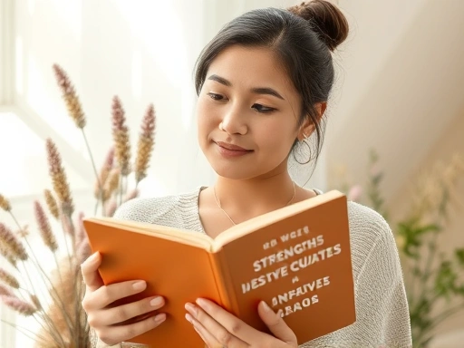 A person with a thoughtful expression holding a journal, reflecting on their strengths and positive qualities, surrounded by elements symbolizing self-discovery and inner light, natural lighting, soft colors.
