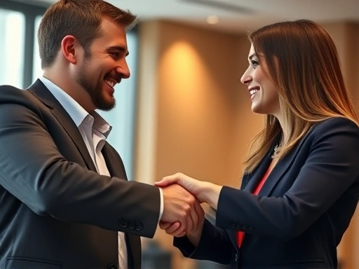 A close-up shot of two individuals exchanging a confident handshake and warm smiles in a well-lit professional setting, conveying a positive first impression and genuine connection, with subtle background blur.