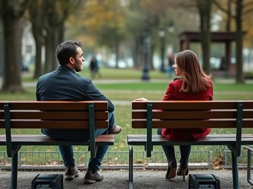 A man and a woman sitting on separate benches in a park, looking in different directions but within the same frame, symbolizing distance and individual paths after a breakup, with a subtle hint of connection. Focus on complex emotions and new beginnings.