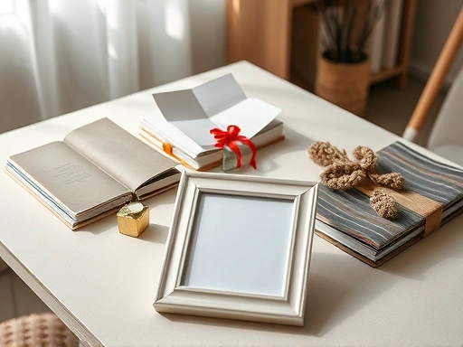 A serene, respectfully arranged collection of personal items (books, small gifts, a framed photo face down) on a neutral-colored table, implying closure and respect after a relationship ends. Soft, natural lighting and peaceful atmosphere.