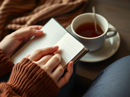 Close-up shot of hands holding a journal, with a pen, next to a cup of tea, in a cozy, warm setting, illustrating the act of emotional processing and self-reflection in building post-breakup independence.