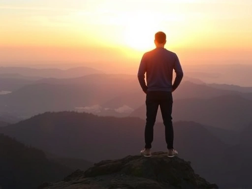 A person standing alone on a peaceful mountain top, looking at the sunrise, symbolizing strength and new beginnings after a breakup, with a calm and determined expression. The scene emphasizes personal growth and self-reliance.