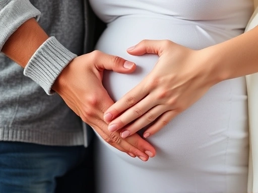 Close-up of a couple's hands intertwined, with one hand gently resting on a pregnant belly, symbolizing the emotional connection and shared journey through the changes in their relationship during pregnancy.