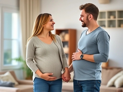 A pregnant woman and her partner holding hands, looking at each other lovingly in a cozy home setting, representing emotional support and understanding during relationship changes after pregnancy discovery.
