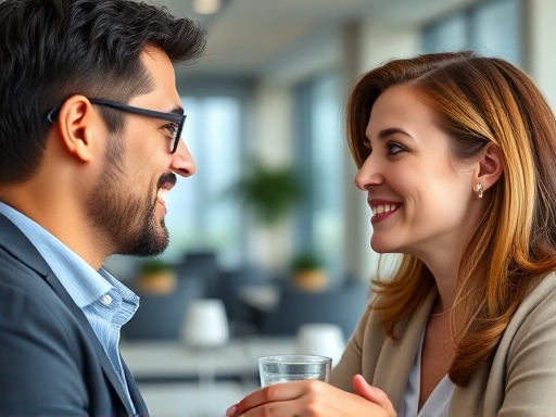 A close-up shot focusing on two colleagues exchanging a polite, friendly smile and subtle eye contact during a brief break, emphasizing genuine connection and respectful boundaries in a brightly lit office, with soft background blur.