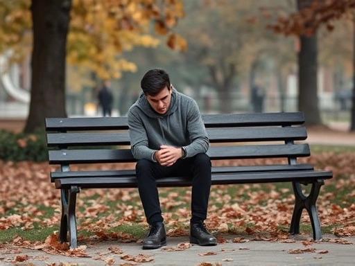 A person sitting alone on a park bench, looking thoughtful and slightly sad, autumn leaves, emphasizing the psychology of missing an ex-partner.