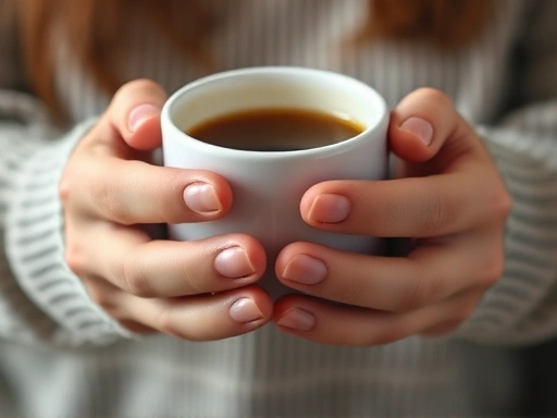 Close-up of hands holding a comforting warm mug, symbolizing healing and self-care after a breakup, with a focus on emotional recovery.