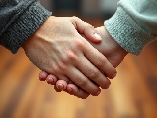 Close-up of two hands gently clasped together, symbolizing reconciliation and renewed connection, with a blurred, warm background. Focus on gentle touch and emotional reunion.
