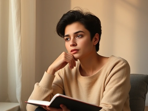 A thoughtful person reflecting on relationship challenges, in a calm, introspective setting, with soft lighting and a notebook, symbolizing self-reflection and growth. Focus on personal introspection.