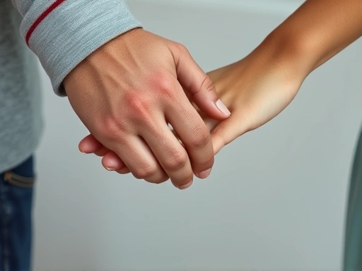 Close-up of two hands gently touching, not holding, symbolizing a delicate, redefined boundary between former lovers turned friends. Focus on respectful distance and emotional nuance.