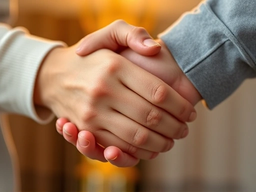 A close-up shot of two hands clasped together, symbolizing renewed connection and trust. One hand gently caresses the other. The background is softly blurred, focusing on the intimate gesture. Warm, inviting lighting.