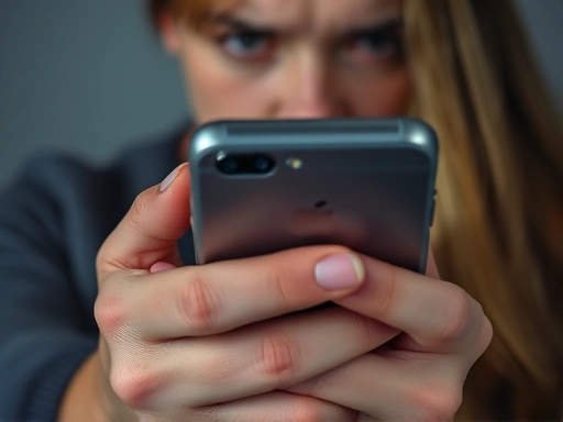 Close-up of a hand clutching a smartphone with a worried expression on a person's face in the background, focusing on digital secrecy and relationship anxiety.