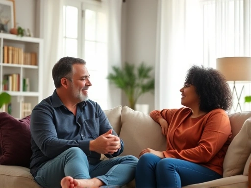 A diverse couple peacefully communicating in a cozy living room, surrounded by soft lighting, demonstrating harmonious relationship interaction.