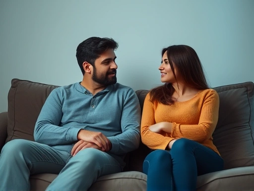 A couple sitting on a sofa, looking away from each other with a visible emotional distance, hinting at relationship problems and breakup signs. Soft, subdued lighting.