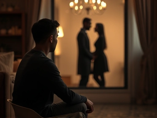 A person sitting alone, looking thoughtfully at a blurry reflection of a couple, in a cozy, slightly melancholic setting, symbolizing self-reflection on repeated relationship failures.