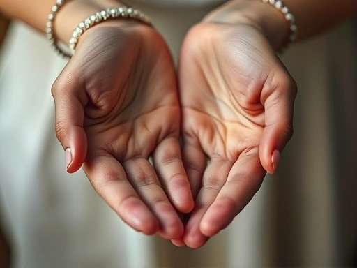 Close-up of two hands gently holding each other, one hand showing a subtle change in color or texture, representing evolving self while maintaining connection, soft focus, hopeful and serene atmosphere.