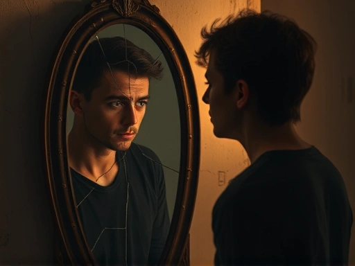 A confused person looking at their reflection in a cracked mirror, symbolizing fragmented identity in relationships, with psychological elements in the background, introspective mood, subtle warm lighting.