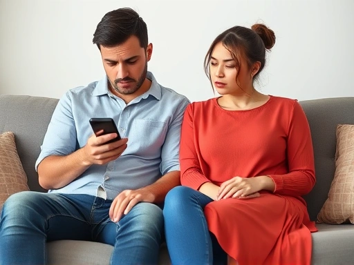 A couple sitting on a sofa, one partner discreetly checking their phone while the other looks on with concern, highlighting relationship suspicion and communication breakdown.