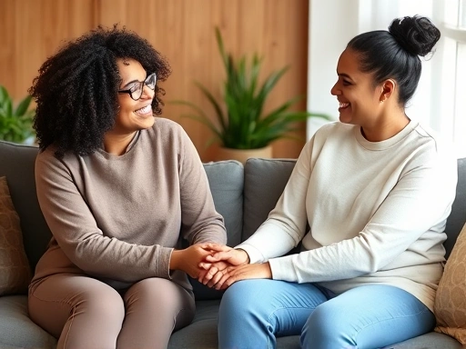 Two diverse people, a couple, sitting on a couch, holding hands, talking constructively, with a warm, supportive atmosphere, focusing on communication and connection for relationship value adjustment and couple communication.