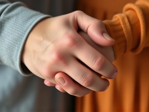 Close-up of two hands gently clasped, one hand comforting the other, symbolizing empathy and mutual support in a relationship, with soft lighting for relationship understanding and couple support.