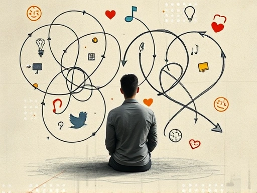 A thoughtful person sitting alone, reflecting on complex intertwined relationship patterns, surrounded by symbols of communication and emotional cycles, abstract and introspective.