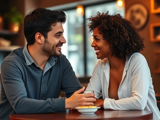 A diverse couple in a cozy cafe, engaged in a deep, meaningful conversation, looking into each other's eyes, conveying mutual understanding and psychological connection for a lifelong partner choice.
