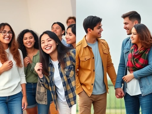 A diverse group of friends laughing and sharing a light moment, contrasted with a couple holding hands looking at each other affectionately, symbolizing the distinct emotions of platonic and romantic love in a clear side-by-side comparison.